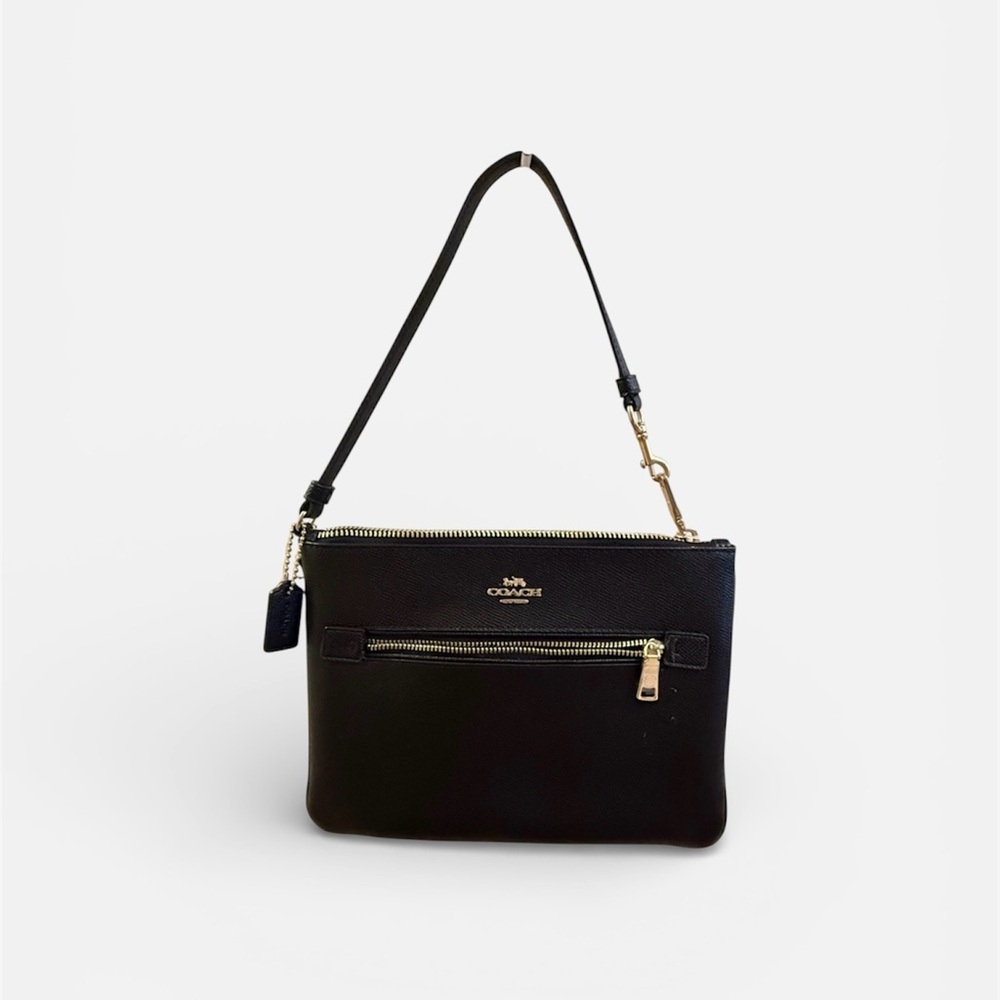 COACH F79895 Black Leather Zip Shoulder Bag | Gold Hardware
